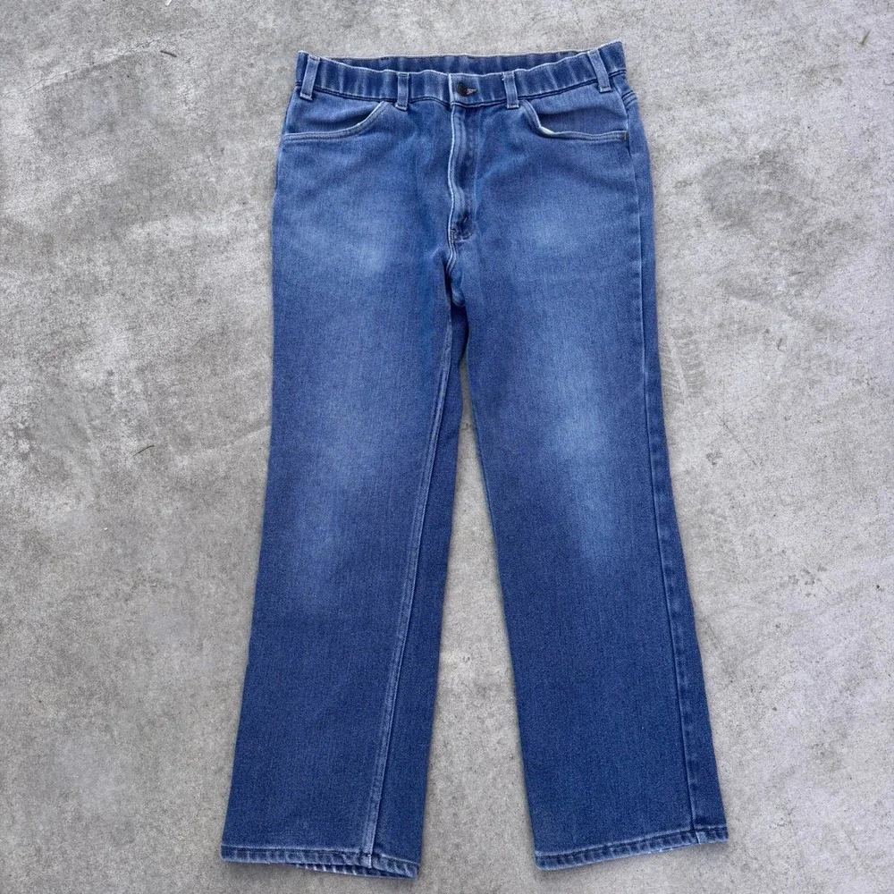 Vintage 70s Levis Action Casuals Mens Blue Denim Bootcut Jeans 34x29 USA